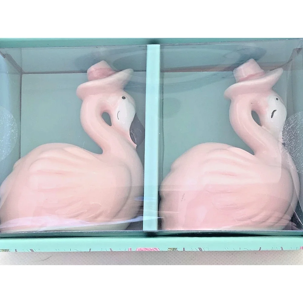 Pink Flamingo Salt & Pepper Shakers Set Ceramic Tropical New in Box